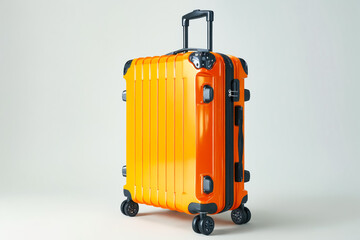 A bright orange suitcase with wheels sits on a white background. The suitcase is open and ready to be packed