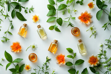Essential oils and flowers on white background. - Powered by Adobe