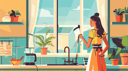 Housewife cleaning window at home Vectot style vector