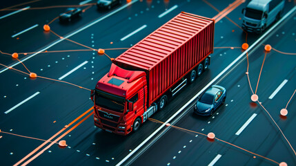 Container Truck Route Tracked by GPS on Map from Above
