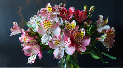 Bouquet of alstroemeria flowers on table closeup --ar