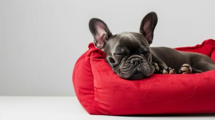 French Bulldog Sleeping in a Red Dog Bed. Generative ai