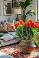 Living room with large vase of orange tulips.