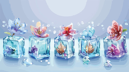 Ice cubes with frozen flowers on light background Vector
