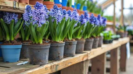 Many blue violet flowering hyacinths in pots are displayed on shelf in floristic store or at street...