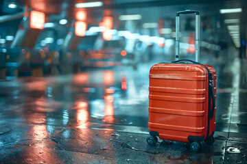 A red suitcase is sitting on the ground in a parking lot. The image has a moody and somewhat mysterious feel to it, as the suitcase is the only object visible in the scene