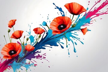 Colorful poppies on a white background with paint splashes
