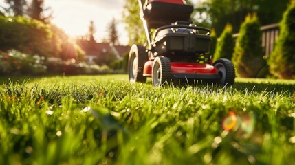 Electric Lawn Mower in a Vibrant Garden. Generative ai