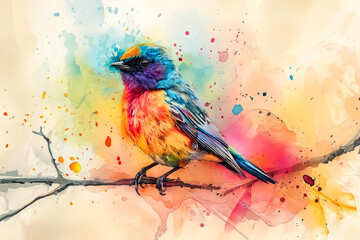 A colorful bird is perched on a branch. The bird is multicolored and has a bright orange beak. The image has a vibrant and lively feel, with the bird standing out against the background of the branch