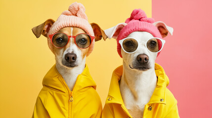 Two dogs wearing hats and sunglasses are posing for a photo