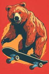 A bear is skateboarding on a red background. The bear is smiling and he is having fun