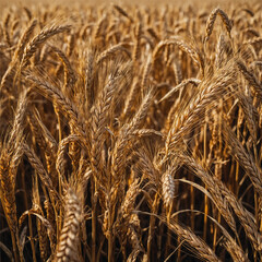 Fototapeta premium Wheat field. Ears of golden wheat closeup. Harvest concept, Generative AI