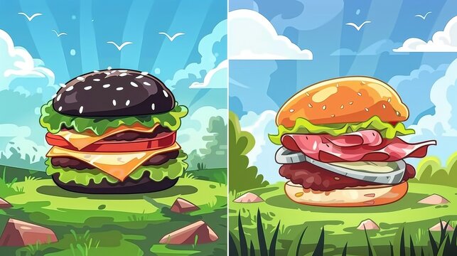 Burger and sandwich sandwich poster with ham and vegetables. Special offer banners for cafes or restaurants in the form of hamburgers with black buns and sandwiches with ham and vegetables. Modern