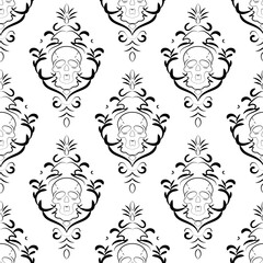 A black and white patterned wallpaper with skulls 