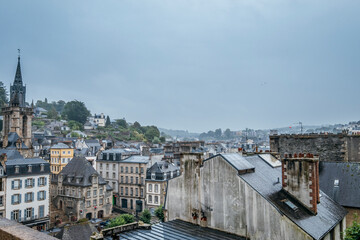 Views of several residential buildings in the city during a cloudy day in the town of Morlaix,...