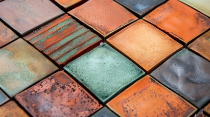 A series of ceramic tiles each one showcasing a different custom blend of clay that varies in texture color and finish..