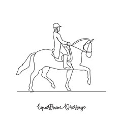 One continuous line drawing of Equestrian dressage sports vector illustration. Equestrian dressage sports design in simple linear continuous style vector concept. Sports themes design illustration.