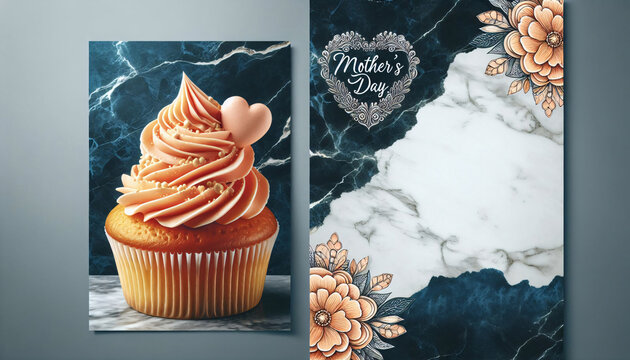 peach fuzz farbener Muffin mit Herz auf Marmor, Vorlage, copy space.Mit dem Text "mother's Day"