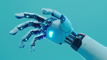 A robot hand with wires, AI cyborg, smart machine isolated illustration. Futuristic blue and white arm with wires, greeting gesture and body language.