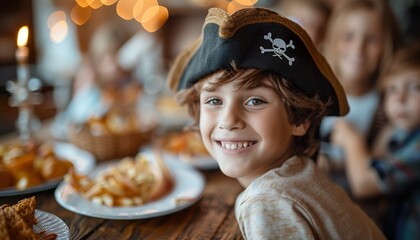 Boy pretending to be as pirate during birthday party 