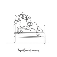One continuous line drawing of Equestrian jumping sports vector illustration. Equestrian jumping sports design in simple linear continuous style vector concept. Sports themes design illustration.