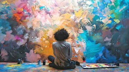 An artist sits back, contemplating their colorful abstract painting in a studio, surrounded by...