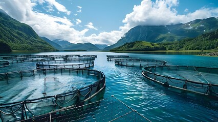 Obraz premium Salmon farming industry using innovative aquaculture technologies and open water cages. Concept Aquaculture Innovation, Open Water Cages, Salmon Farming Industry, Sustainable Practices