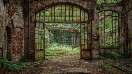 Fototapeta premium Explore abandoned buildings, factories, or vehicles that have been reclaimed by nature. These forgotten spaces often hold a mysterious allure, with crumbling walls, overgrown vegetation