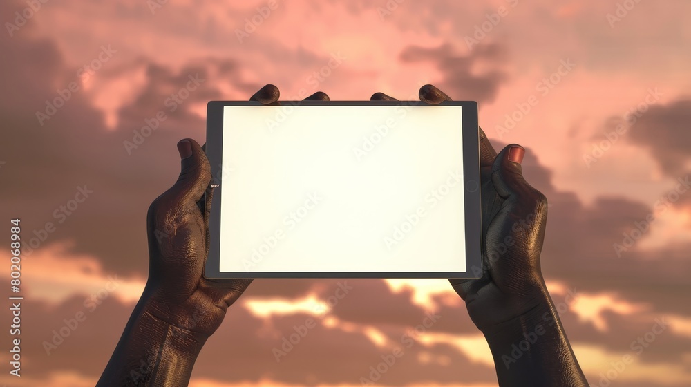 Poster a man hands hold and use a tablet computer with an empty white screen. a 3d illustration of a person