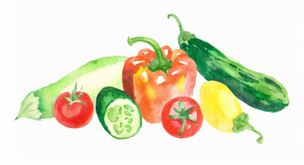 夏野菜の水彩イラスト、トマト、パプリカ、ズッキーニ