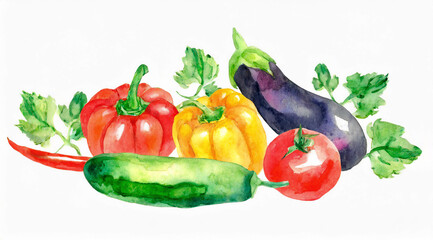 夏野菜の水彩イラスト、トマト、パプリカ、ズッキーニ