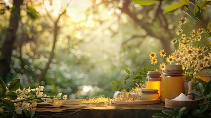 atmosphere of nature Forest art, natural skin care at dusk sunlight shining through the leaves Fireflies in early spring Fireflies stream in the foreground Prepare skin care ingredients