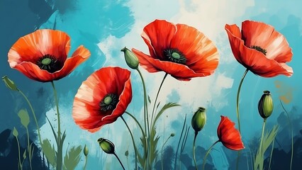 Red poppies on blue watercolor background. 