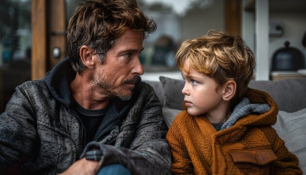 Caucasian father and son communicating using sign language