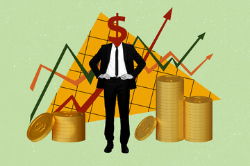 Collage creative illustration of headless money maker sales manager thinking only about his company...