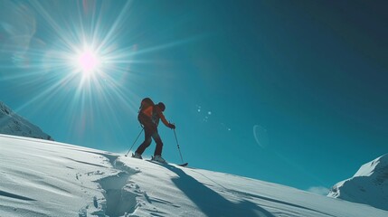 Side view of anonymous male skier with backpack skiing on snow covered mountain slope against bright sun in blue sky on sunny day