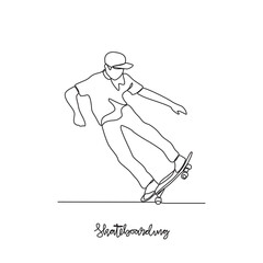 One continuous line drawing of Skateboarding sports vector illustration. Skateboarding sports design in simple linear continuous style vector concept. Sports themes design for your asset design.