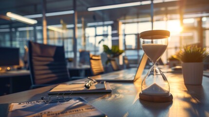 Pressure as a critical business deadline approaches in a bustling corporate environment. Hourglass and sand clock