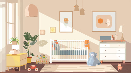 Interior of light bedroom with baby crib toys and lam
