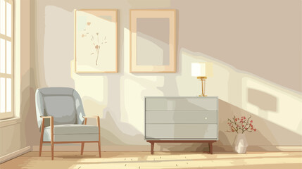 Interior of light living room with grey armchair ches