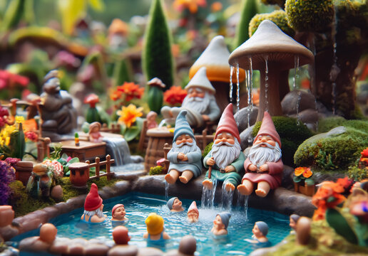 Familie Gartenzwerg sitzt am Swimmingpool 