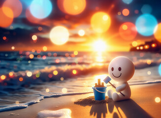 Eine kleine weiße abstrakte Kinderfigur sitzt in der Sonne am Strand mit Hammer udn Eimer
