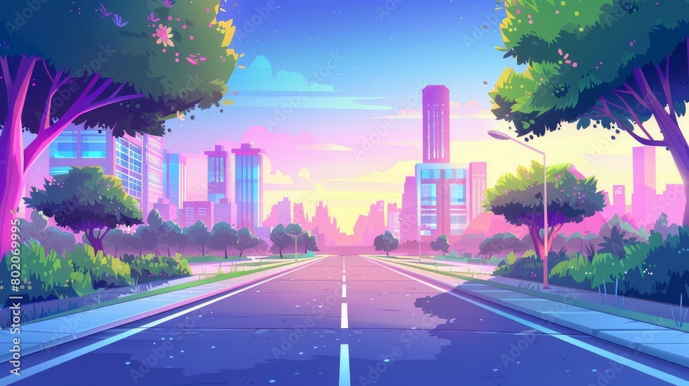 Wall mural a city street with a road at dawn, a walkway and a building in pink sunlight. cartoon illustration o