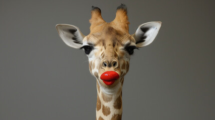 Obraz premium Playful giraffe with comical red lips on a humorous expression.