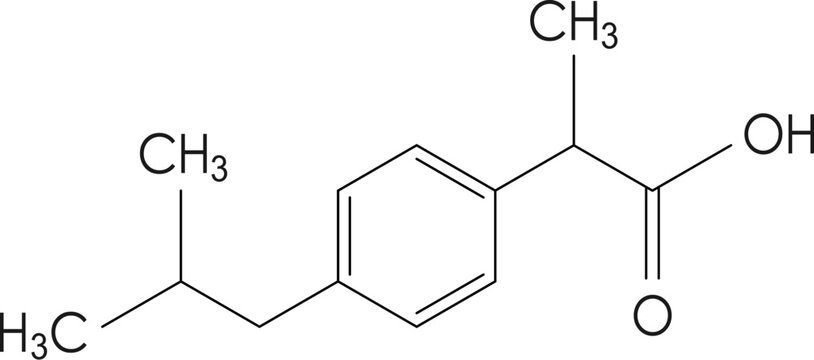 Ibuprofen molecule structure, linear chemical formula