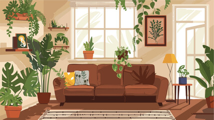 Interior of living room with cozy brown sofa and hous