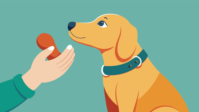 A service dog gently nudging its owners hand with its nose reminding them to take their medication for their anxiety.. Vector illustration