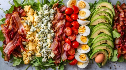 Rows of chopped tomatoes,&nbsp;crispy bacon,&nbsp;diced chicken,&nbsp;hard&nbsp;-&nbsp;boiled eggs,&nbsp;avocado slices,&nbsp;blue cheese,&nbsp;and mixed greens,&nbsp;drizzled with a creamy dressing