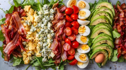Rows of chopped tomatoes, crispy bacon, diced chicken, hard - boiled eggs, avocado slices, blue cheese, and mixed greens, drizzled with a creamy dressing