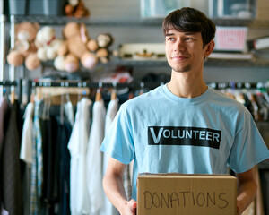 Male Charity Volunteer Holding Box Of Donations At Thrift Store Or Food Bank